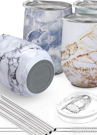 THILY Stainless Steel Stemless Wine Tumbler 4 Pack Vacuum Insulated Travel Wine Glasses with Sliding Lids and Straws, 12 oz, Keep Cold for Juice, Coffee, Beer, 4 Different Marbles Set
