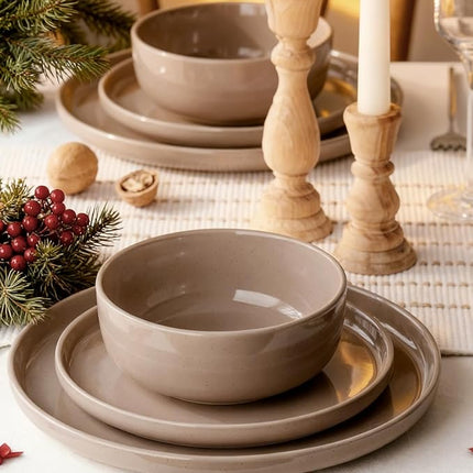 Famiware Milkyway Plates and Bowls Set, 12 Pieces Dinnerware Sets, Dishes Set for 4, Cinnamon Brown