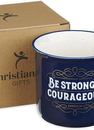 Christian Art Gifts Inspirational Ceramic Coffee & Tea Scripture Mug for Men & Women: Strong & Courageous Bible Verse, Microwave & Dishwasher Safe Non-toxic Beverage Cup, Dark Navy Blue/White, 13 oz.