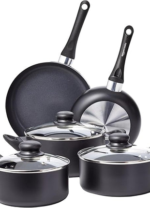 Amazon Basics Non Stick Kitchen Cookware 8-Piece Set, Non-Induction, Includes Pots and Pans, Black