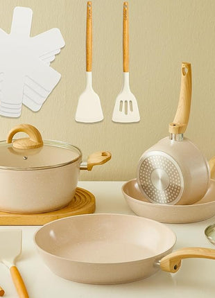 Non Stick Pots and Pans Set, Healthy Ceramic Cookware Set, 12pcs Kitchen Cooking Pots and Frying Sauce Saute Pans Set, PFAS-Free with Kitchen Utensils and Lid, Tan