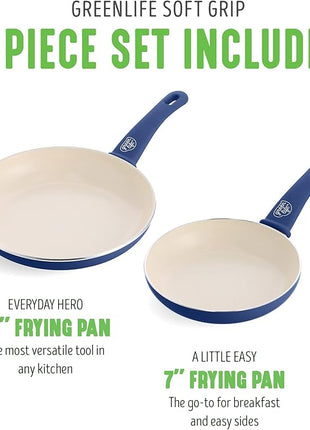 GreenLife Non Stick Fry Pan Set (7" & 10"), Non-Toxic PFAS-Free Ceramic Skillets, Dishwasher & Oven Safe, Egg Omelet Frying Pans, Stay- Cool Handles, Kitchen Home Cooking Essentials, Blue