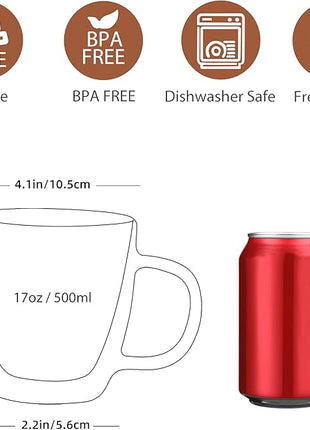 CNGLASS Large Glass Coffee Mugs 17oz,Double Walled Insulated Clear Coffee Cups with Handle,Clear Espresso Mugs for Cappuccino,Latte,Tea Bags,Hot and Cold Beverages,Set of 4