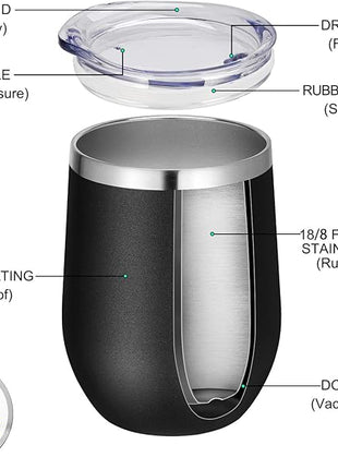 VEGOND 12oz Stainless Steel Wine Tumbler with Lid and Straw, Double Wall Vacuum Insulated Stemless Wine Glass Tumbler Cup, Coffee Mug for Cold Hot Drinks