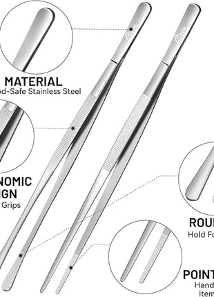 HOTEC Kitchen Tweezers Tongs Stainless Steel Professional Chef Tweezers, Set of 2-12inch Extra-Long Food Tongs for Cooking,Grill and Baking