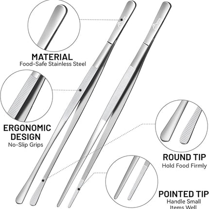 HOTEC Kitchen Tweezers Tongs Stainless Steel, Set of 4-10" and 12inch Extra-Long Food Tweezers Fine Kitchen Tongs for Cooking,Grill and Baking