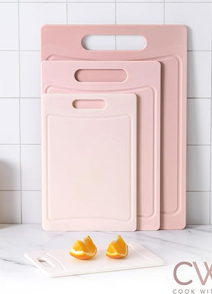 COOK WITH COLOR Non-Slip Cutting Board Set – Kitchen Essentials with Easy Grip Handle for Meat, Veggies, and Fruits, 4 Cutting Boards, Pink