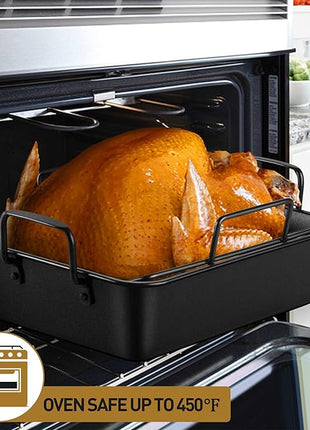 P&P CHEF 16" Roaster Roasting Pan with Baking Rack and V-shaped Rack, Stainless Steel Rectangular Lasagna Pan with Handles for Turkey Chicken, Healthy & Dishwasher Safe, 3 Pieces, Black