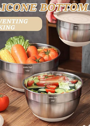 Mixing Bowls with Airtight Lids Set, 26PCS Stainless Steel Khaki Bowls with Grater Attachments, Non-Slip Bottoms & Kitchen Gadgets Set, Size 7, 4, 2.5, 2.0,1.5, 1QT, Great for Mixing & Serving