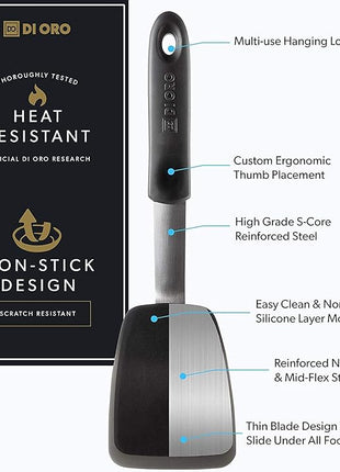 DI ORO Silicone Turner Spatula Set - Kitchen Spatulas for Nonstick Cookware - Flexible & Thin Flippers for Eggs & Pancakes - 600°F Heat-Resistant & BPA Free Cooking Utensils (2pc, Black)