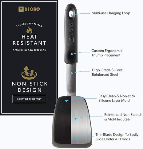 DI ORO Silicone Turner Spatula Set - Kitchen Spatulas for Nonstick Cookware - Flexible & Thin Flippers for Eggs & Pancakes - 600°F Heat-Resistant & BPA Free Cooking Utensils (2pc, Black)