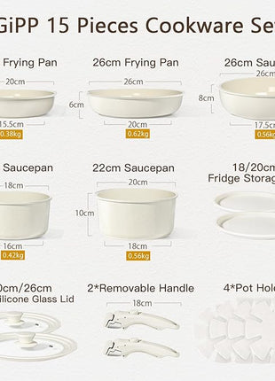 GiPP Ceramic Pots and Pans Set Non Stick, Nonstick Detachable Handle Cookware Sets, Healthy Non Toxic PFAS PFOA & PTFE Free, Dishwasher ＆Oven Safe, Induction Kitchen Pot and Pan, 15 Piece Cream