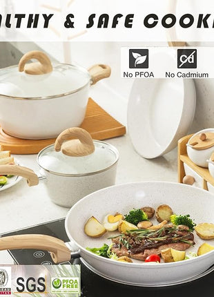 Non Stick Pots and Pans Set, Healthy Ceramic Cookware Set, 12pcs Kitchen Cooking Pots and Frying Sauce Saute Pans Set, PFAS-Free with Kitchen Utensils and Lid, Pink