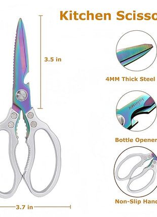 AWinjoy Heavy Duty Sharp Kitchen Scissors, Dishwasher Safe, Cooking Shears for Meat, Chicken, Fish, Poultry, Herb, Bread (Silver Color)
