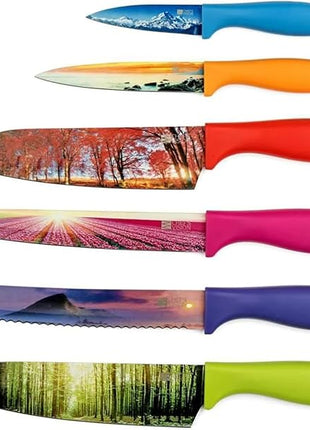 CHEF'S VISION Landscape Knife Set - 6-Piece Stainless Steel Cutting Knives Set for Kitchen with Stunning Nature Scenes - Perfect House Warming Gift for Women or Men - Unique Kitchen Knife Set Gift