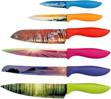 CHEF'S VISION Landscape Knife Set - 6-Piece Stainless Steel Cutting Knives Set for Kitchen with Stunning Nature Scenes - Perfect House Warming Gift for Women or Men - Unique Kitchen Knife Set Gift