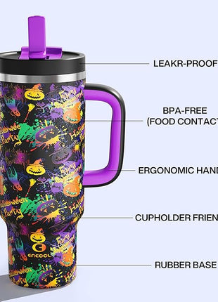 ENCOOL 40 oz Tumbler with Handle and Straw: Stainless Steel Insulated Tumbler Keeps Cold for 24 Hours, Leakproof Travel Cup Fits in Cup Holder and BPA-Free, Meowgic Night