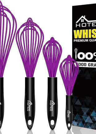 HOTEC 4 Pieces Silicone Whisks for Cooking, Wire Balloon Whisks Egg Beater, Non-slip Handle Whisk for Non-stick Cookware Perfect for Cooking, Stirring, Beating and Blending (Purple)