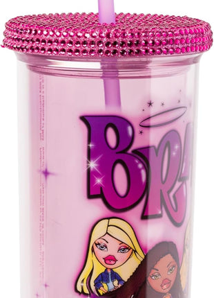 Silver Buffalo Bratz Featuring Cloe, Yasmin, Jade, and Sasha Plastic Tall Cold Cup with Rhinestones Lid and Straw, 20 Ounces