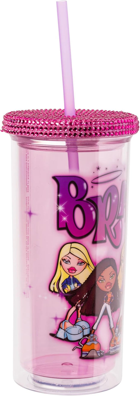 Silver Buffalo Bratz Featuring Cloe, Yasmin, Jade, and Sasha Plastic Tall Cold Cup with Rhinestones Lid and Straw, 20 Ounces