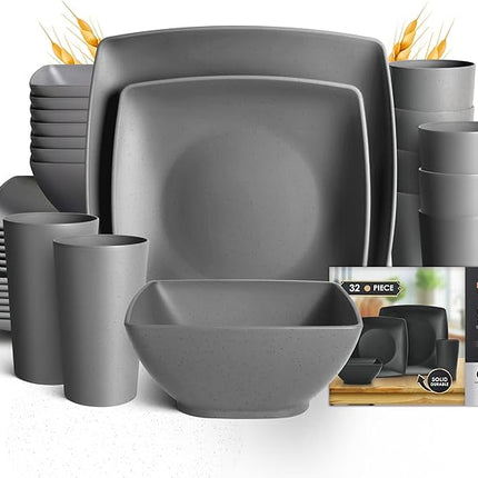 Teivio 32-piece Plastic Wheat Straw Square Dinnerware Set for 8, Unbreakable Dinner Plates, Salad Plates, Snack Bowls, Tumblers 20 oz, Dishwasher Safe, Grey