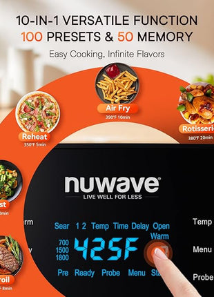 Nuwave Brio 15.5Qt 10-IN-1 Air Fryer Rotisserie Oven, XL Family Size, Even & Crisp AirFry, Reheat, Roast, Dehydrate for Quick Meals, 50°-425°F Control, 100 Presets & 50 Memory, Dishwasher-Safe, 1800W