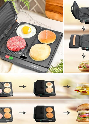 OVENTE Sandwich Maker and Hamburger Grill Machine with Non-Stick Griddle and Griller Plate, 1000W Electric Multipurpose Breakfast Station for Sandwiches, Burgers, Egg Muffin & Pancakes, Black HMG111B