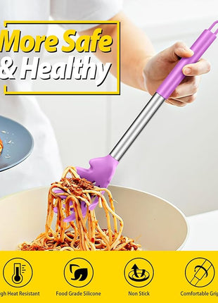 Silicone Pasta Fork and Ladle Spoon Set, Large Non Stick Kitchen Utensils for Cooking,Stirring,Serving Spaghetti, Soup, Sauce (PURPLE)