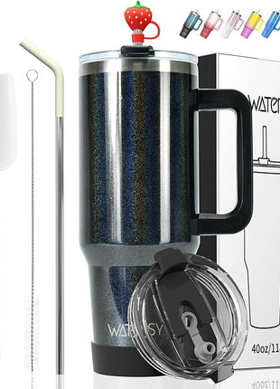 30 oz Shiny Tumbler with Handle and Straw,Stainless Steel Tumbler with Lid and Straw,Insulated Travel Mug(Cold for 34 Hours),Water Bottle for Iced Tea,Coffee (Black)