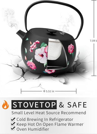 Toptier Teapot with Removable Infuser, Cast Iron Tea Kettle Stovetop Safe, Solid Geometry Ball Design Tea Pot Coated with Enameled Interior for 32 Ounce (950 ml), Morning Glory