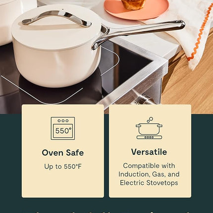 Caraway Nonstick Ceramic Sauce Pans with Lids (3 qt & 1.75 qt) - Non Toxic, PTFE & PFOA Free - Oven Safe & Compatible with All Stovetops (Gas, Electric & Induction) - Sage