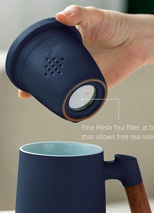 ZENS Tea Cup with Infuser and Lid for Loose Leaf Tea Steeper, 12oz Blue Ceramic Tea Mug with Fine Strainers, Wood Handle, Tea Lovers Gifts