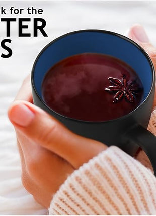 MIAMIO - Set of 6 Stoneware Coffee Mugs 12 Ounce/Cup Set - Le Papillon Collection (Black-Blue)