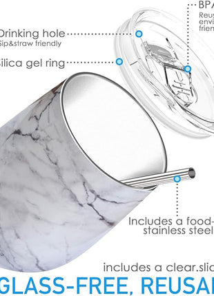 THILY Stainless Steel Stemless Wine Tumbler 4 Pack Vacuum Insulated Travel Wine Glasses Set with Sliding Lids and Straws, Keep Cold for Juice, Cocktails, Beer, Party, Christmas Gift, White Marble