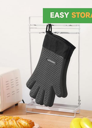 GEEKHOM BBQ Gloves Heat Resistant Oven Mitts - Silicone Grilling Gloves with 13.7" Arm Protection - Waterproof Pot Holder Non-Slip for Men & Women, Kitchen Outdoor Cooking, Baking, Camping, Gray