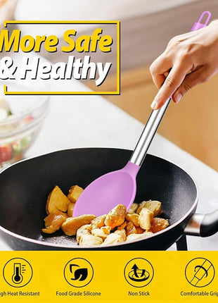 Pack of 2 Large Silicone Cooking Spoon Non Stick Solid Basting Spoons Heat-Resistant Kitchen Utensils for Mixing Serving (Pink-Purple)