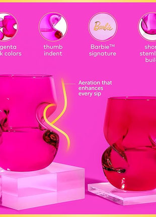 Dragon Glassware x Barbie Wine Glasses - 16 oz Magenta & Pink Wine Glasses Set of 2 - Stemless with Finger Indentations - Aerates Naturally - Barbie Gifts for Women
