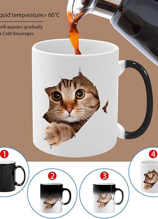 Caliamary Heat Changing Cat Mug - Funny Ceramic Coffee Cup, 11 oz Heat Sensitive Color Changing, Cute Xmas Gift for Women Men Kids