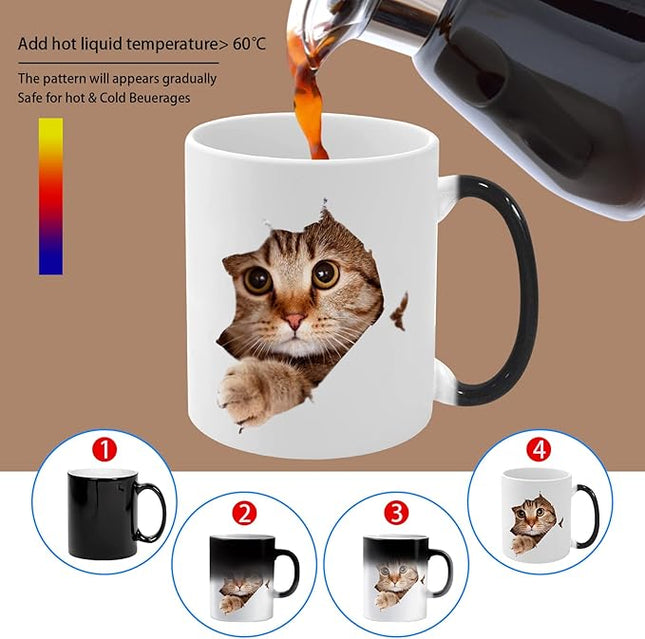 Caliamary Heat Changing Cat Mug - Funny Ceramic Coffee Cup, 11 oz Heat Sensitive Color Changing, Cute Xmas Gift for Women Men Kids