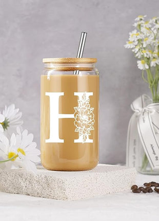 Coolife Initial Glass Cup, Monogrammed Gifts for Women, 16 oz Glass Cups w/Lids Straws, Iced Coffee Smoothie Beer Tumbler w/Straw Lid - Personalized Christmas, Birthday Gifts for Her Mom Friend Woman