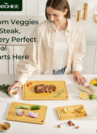 Wood Cutting Board for Kitchen - Reversible Bamboo Cutting Boards Gift Set of 3 with Juice Groove, Wooden Chopping Board for Meat, Fruit, Vegetables & Cheese (Pre Oiled, Natural)