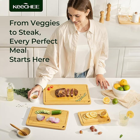 Wood Cutting Board for Kitchen - Reversible Bamboo Cutting Boards Gift Set of 3 with Juice Groove, Wooden Chopping Board for Meat, Fruit, Vegetables & Cheese (Pre Oiled, Natural)