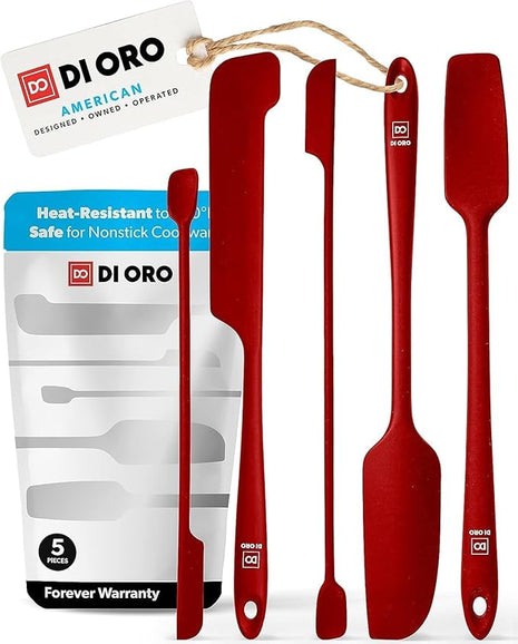 DI ORO Silicone Jar Spatulas for Scraping - Rubber Spatulas Silicone Heat Resistant - Kitchen Spatulas Nonstick Cookware Safe - Silicone Utensil Set for Blenders, Mixing, Baking, & Makeup (5pc, Red)