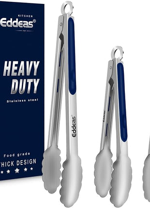 Tongs For Cooking - Heat Resistant 600 Degrees Stainless Steel Kitchen Tong, Heavy Duty Metal Locking Tongs - For Food,Salad, grilling, BBQ 7",9" & 12 inch, set of 3 Dishwasher Safe Blue