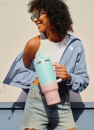 40 oz Tumbler with Handle and Straw: Stainless Steel Insulated Tumbler Keeps Cold for 24 Hours, Leakproof Travel Cup Fits in Cup Holder and BPA-Free, Cherry Blossom