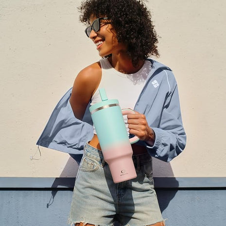 32 oz Tumbler with Handle and Straw: Stainless Steel Insulated Tumbler Keeps Cold for 24 Hours, Leakproof Travel Cup Fits in Cup Holder and BPA-Free, Cherry Blossom