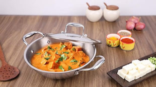 Vinod Platinum Triply Stainless Steel Kadai | Suitable For Indian Cooking, Sauces, Stews, Soups | Extra Deep Kadai With Lid | Induction, Electric Friendly (22cm)