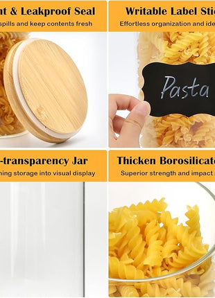 Airtight Glass Jars with Bamboo Lids, Glass Food Storage Containers Set - Set of 5 Kitchen Canisters for Sugar, Candy, Cookie, Rice and Spice Jars