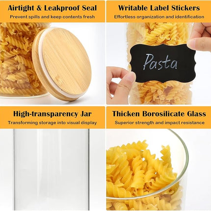 Airtight Glass Jars with Bamboo Lids, Glass Food Storage Containers Set - Set of 5 Kitchen Canisters for Sugar, Candy, Cookie, Rice and Spice Jars
