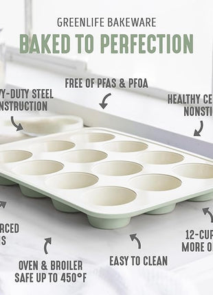 GreenLife 12-Cup Muffin Pan, PFAS-Free Healthy Nonstick Baking Tray, 11.4" x 1.9" x 15.9", Durable Ceramic Bakeware, Cupcakes, Egg Bites, Tarts, Brownies, Sage